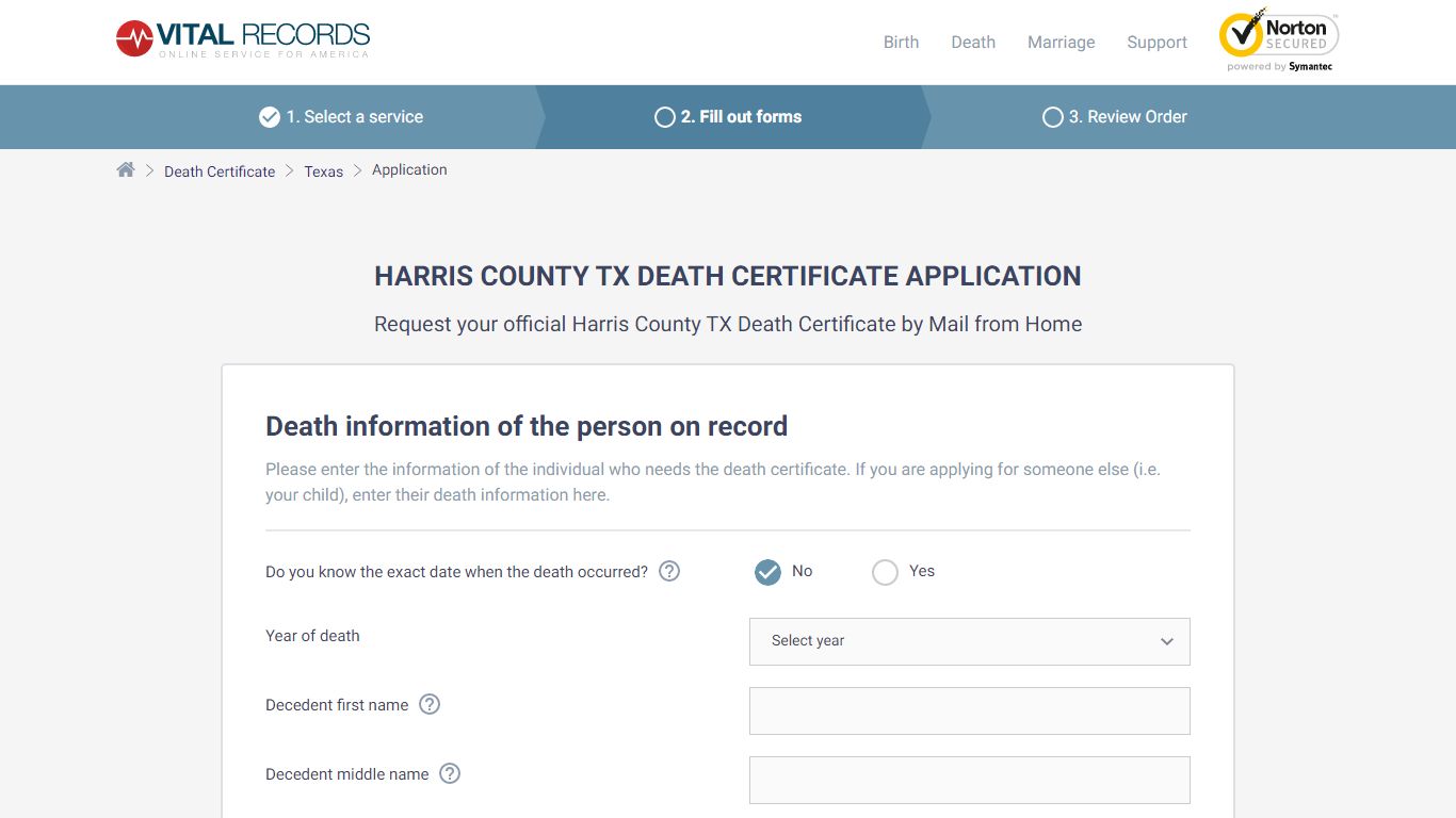 Harris County TX Death Certificate Application - Vital Records Online